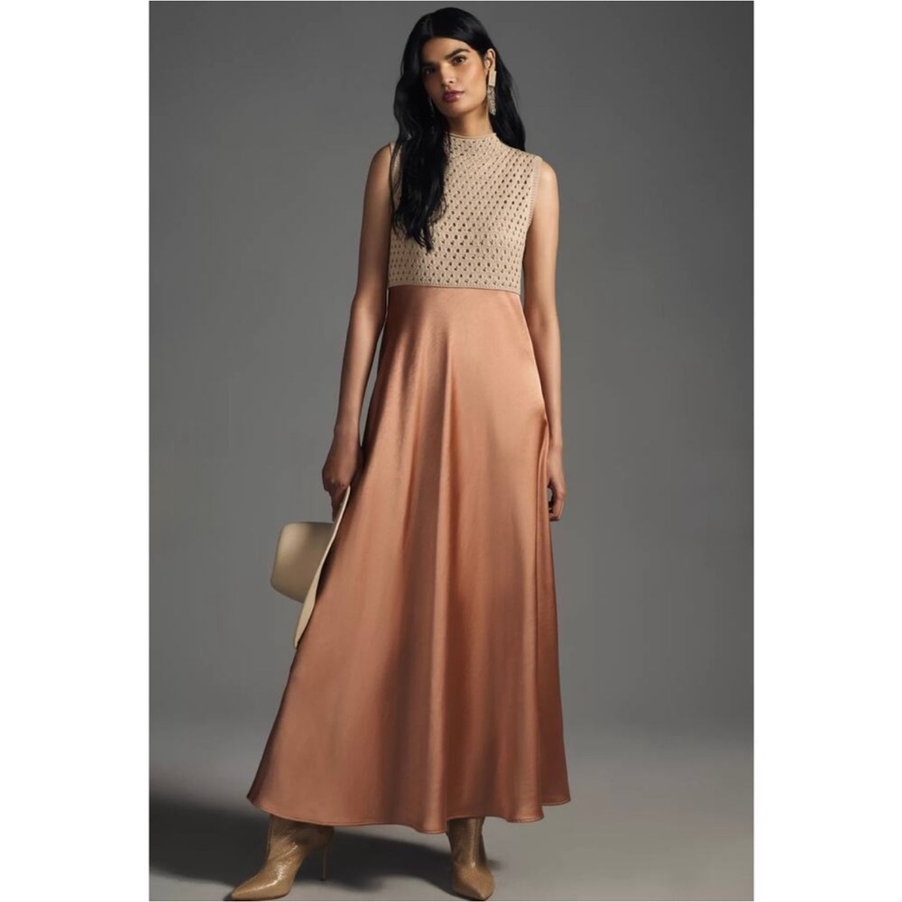 Anthropologie Mare Mare Mock Neck Knit Satin Sleeveless Maxi Dress Mixed Media - Picture 3 of 7